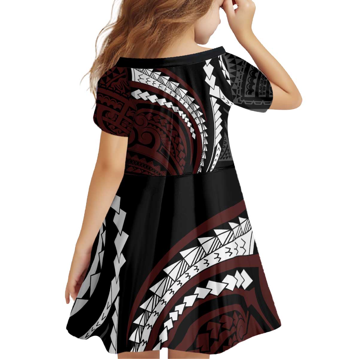Polynesian Oxblood Line Art Tribal Tattoo Family Matching Off Shoulder Short Dress and Hawaiian Shirt