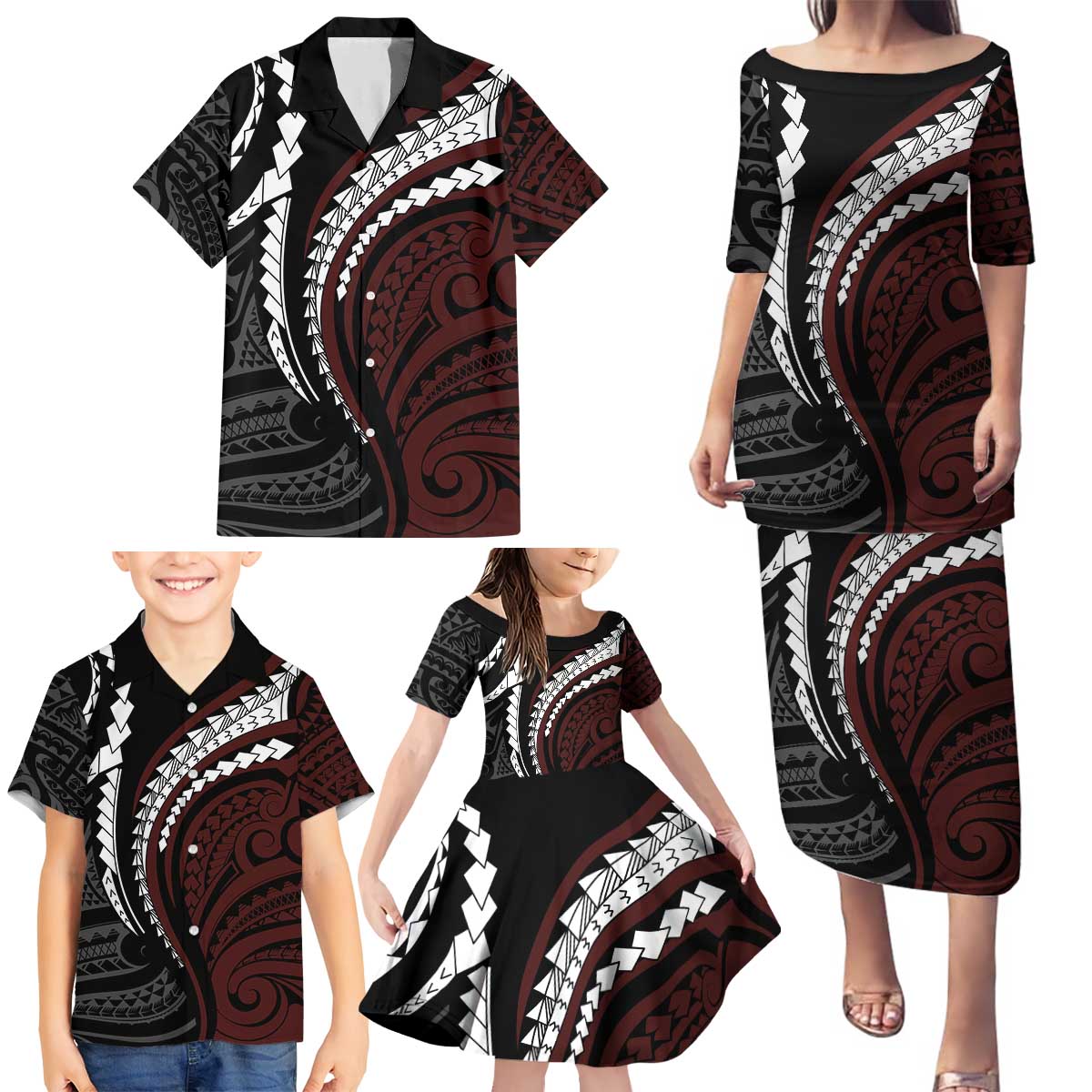 Polynesian Oxblood Line Art Tribal Tattoo Family Matching Puletasi and Hawaiian Shirt LT9 - Polynesian Pride