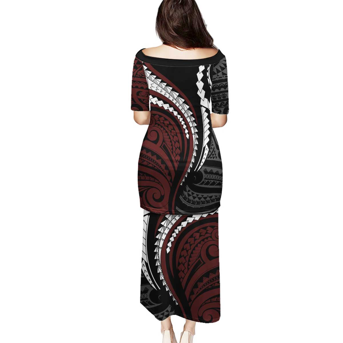 Polynesian Oxblood Line Art Tribal Tattoo Family Matching Puletasi and Hawaiian Shirt LT9 - Polynesian Pride