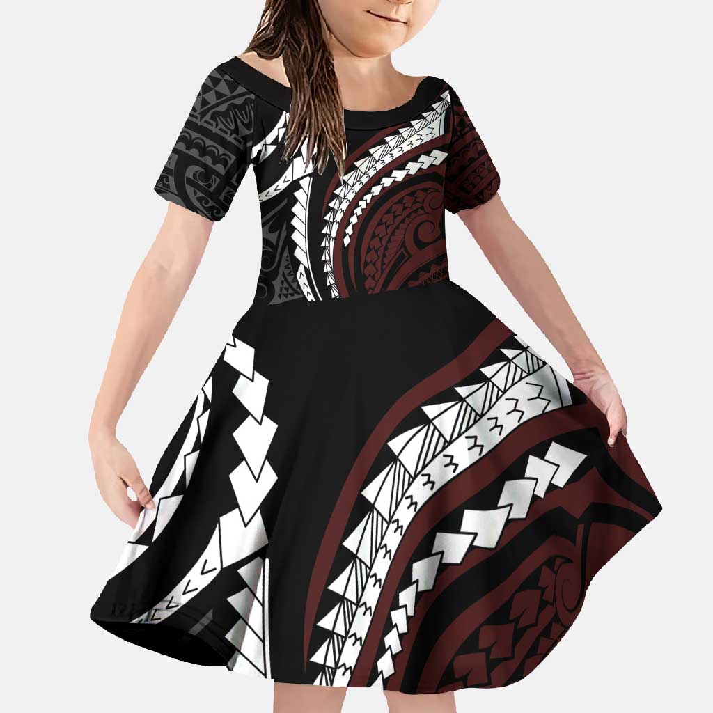 Polynesian Oxblood Line Art Tribal Tattoo Family Matching Short Sleeve Bodycon Dress and Hawaiian Shirt LT9 Daughter's Dress Beige - Polynesian Pride