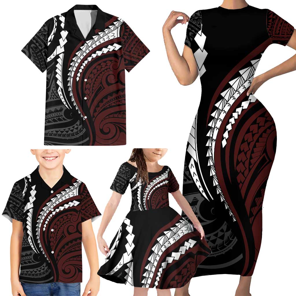 Polynesian Oxblood Line Art Tribal Tattoo Family Matching Short Sleeve Bodycon Dress and Hawaiian Shirt LT9 - Polynesian Pride