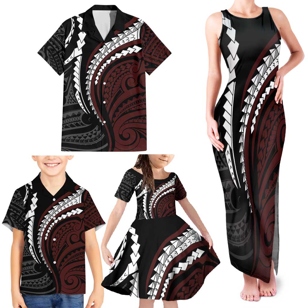 Polynesian Oxblood Line Art Tribal Tattoo Family Matching Tank Maxi Dress and Hawaiian Shirt