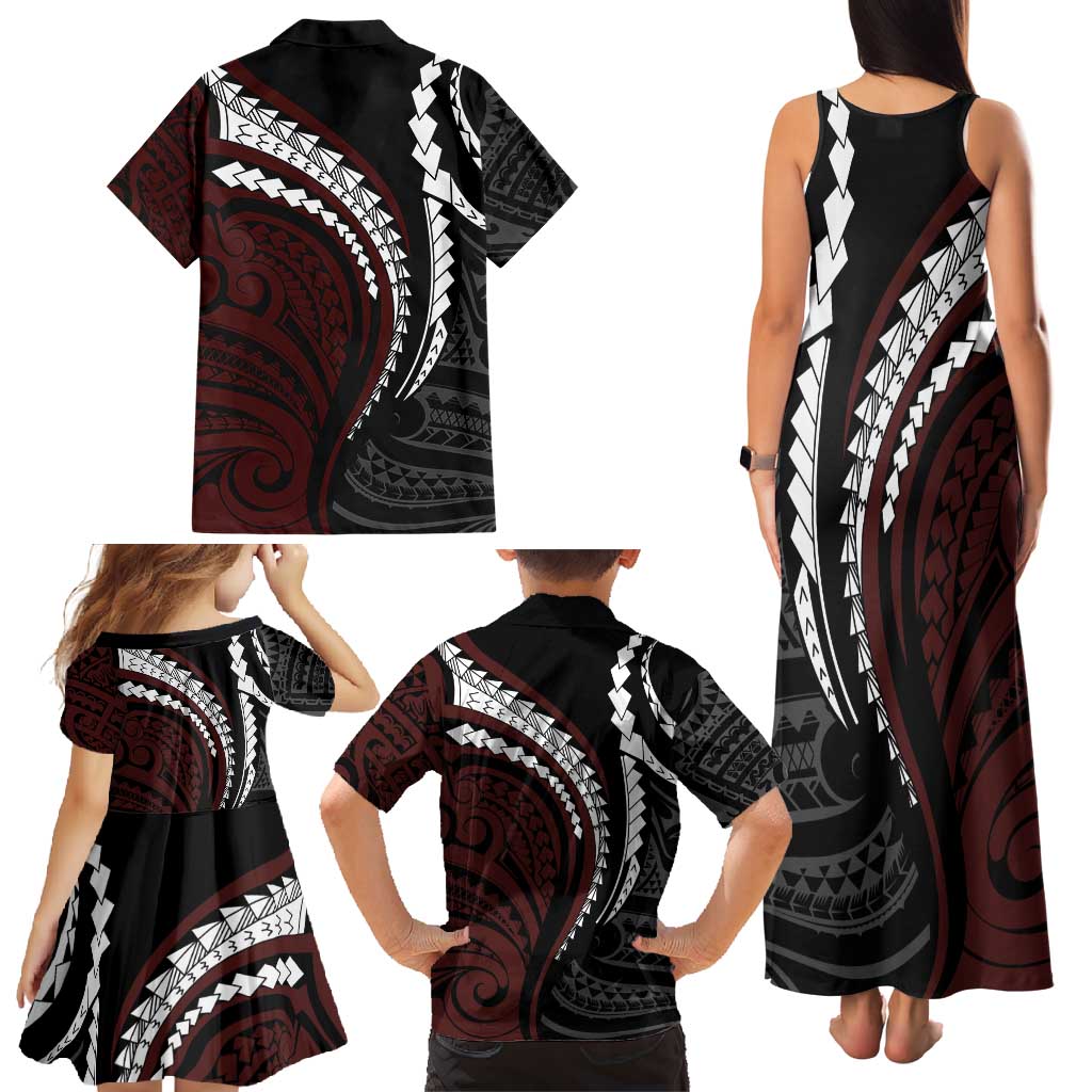 Polynesian Oxblood Line Art Tribal Tattoo Family Matching Tank Maxi Dress and Hawaiian Shirt