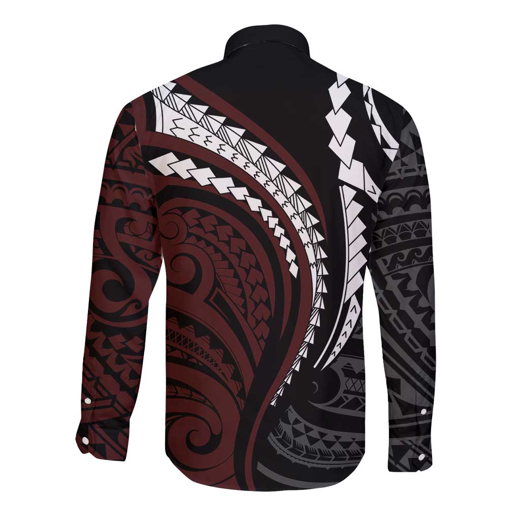 Polynesian Oxblood Line Art Tribal Tattoo Long Sleeve Button Shirt