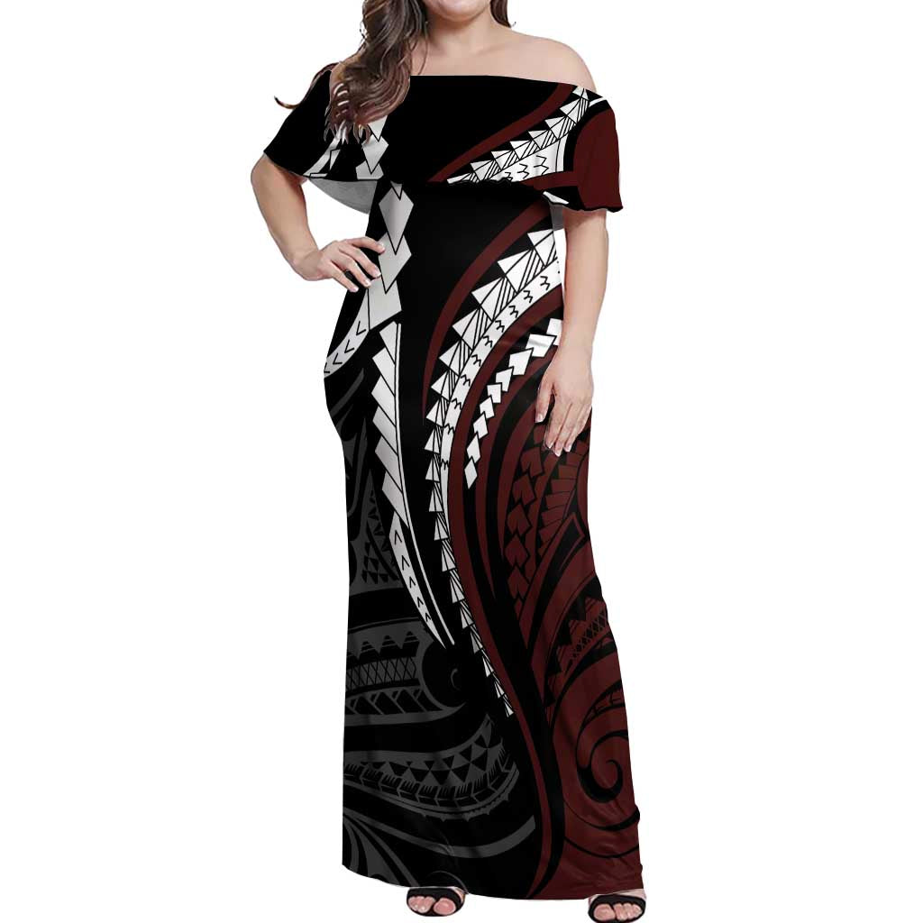 Polynesian Oxblood Line Art Tribal Tattoo Off Shoulder Maxi Dress