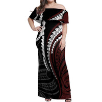 Polynesian Oxblood Line Art Tribal Tattoo Off Shoulder Maxi Dress