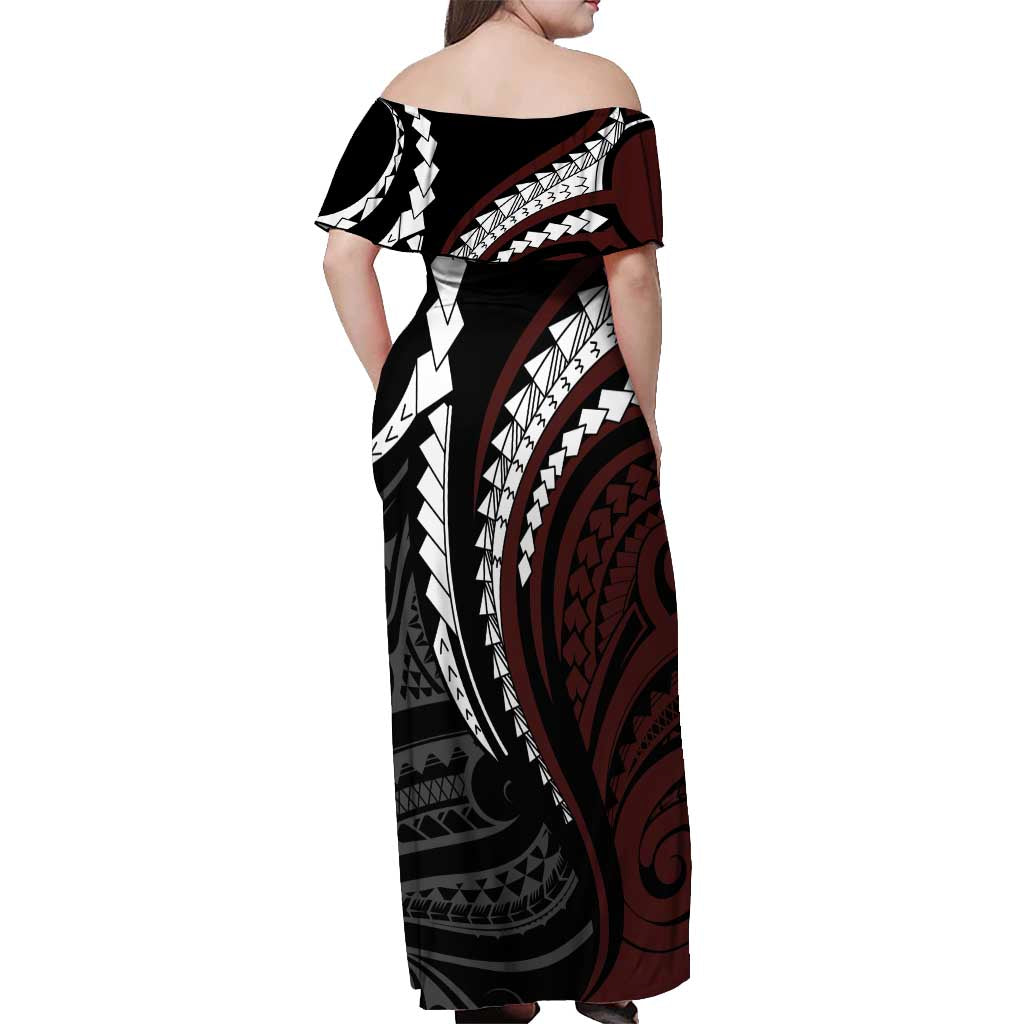 Polynesian Oxblood Line Art Tribal Tattoo Off Shoulder Maxi Dress