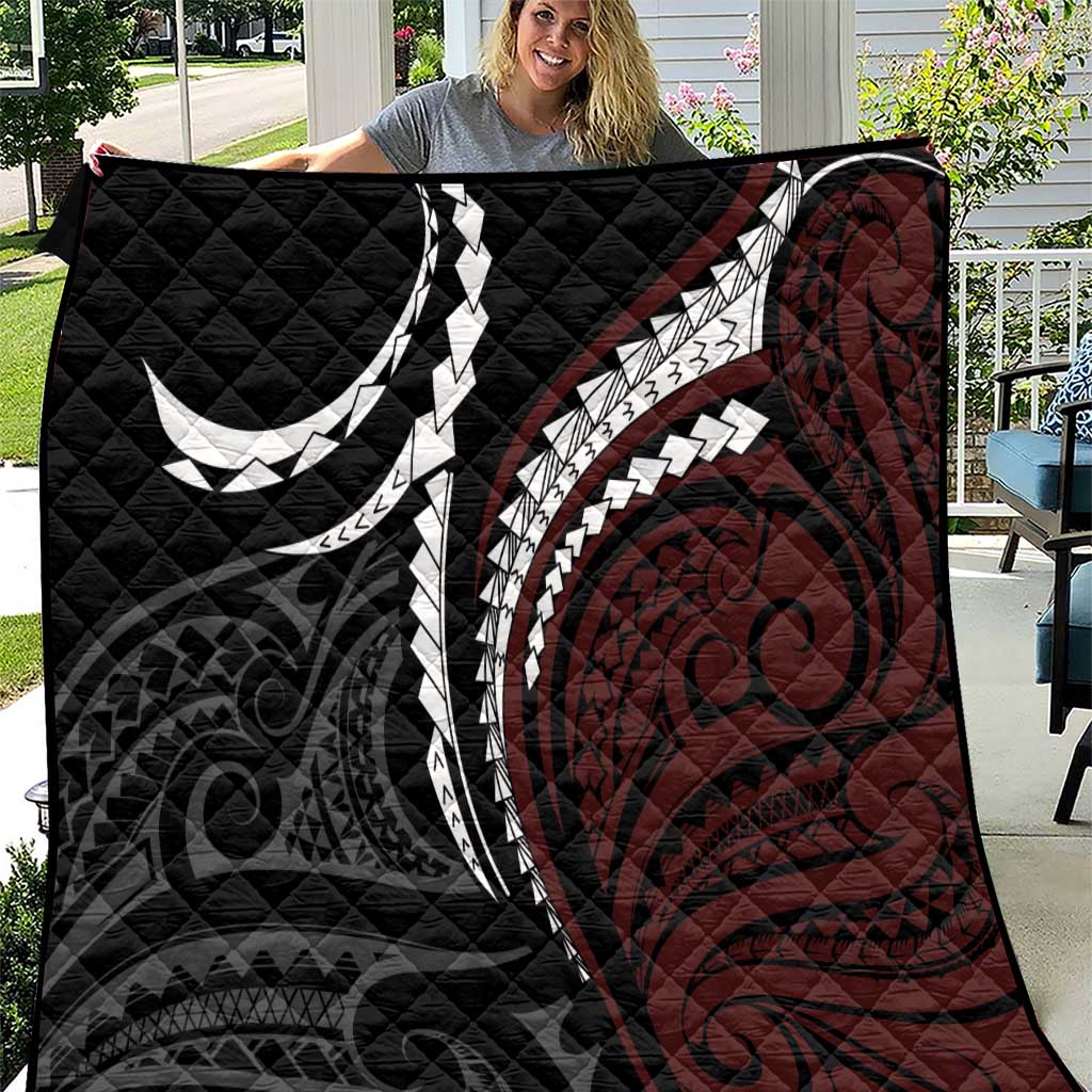 Polynesian Oxblood Line Art Tribal Tattoo Quilt