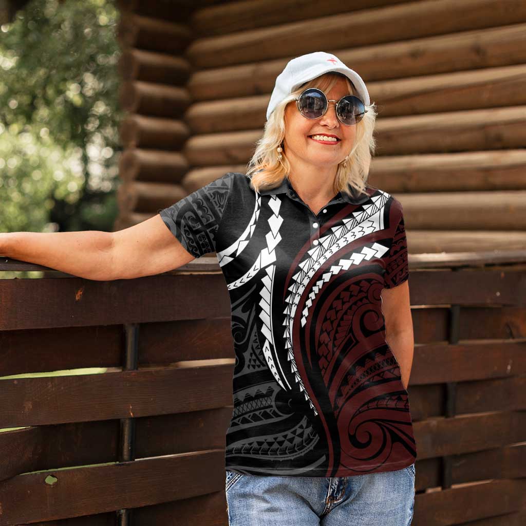 Polynesian Oxblood Line Art Tribal Tattoo Women Polo Shirt