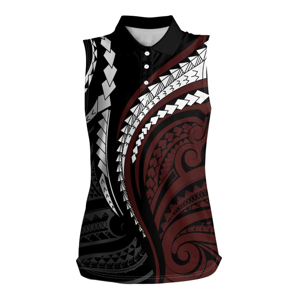 Polynesian Oxblood Line Art Tribal Tattoo Women Sleeveless Polo Shirt