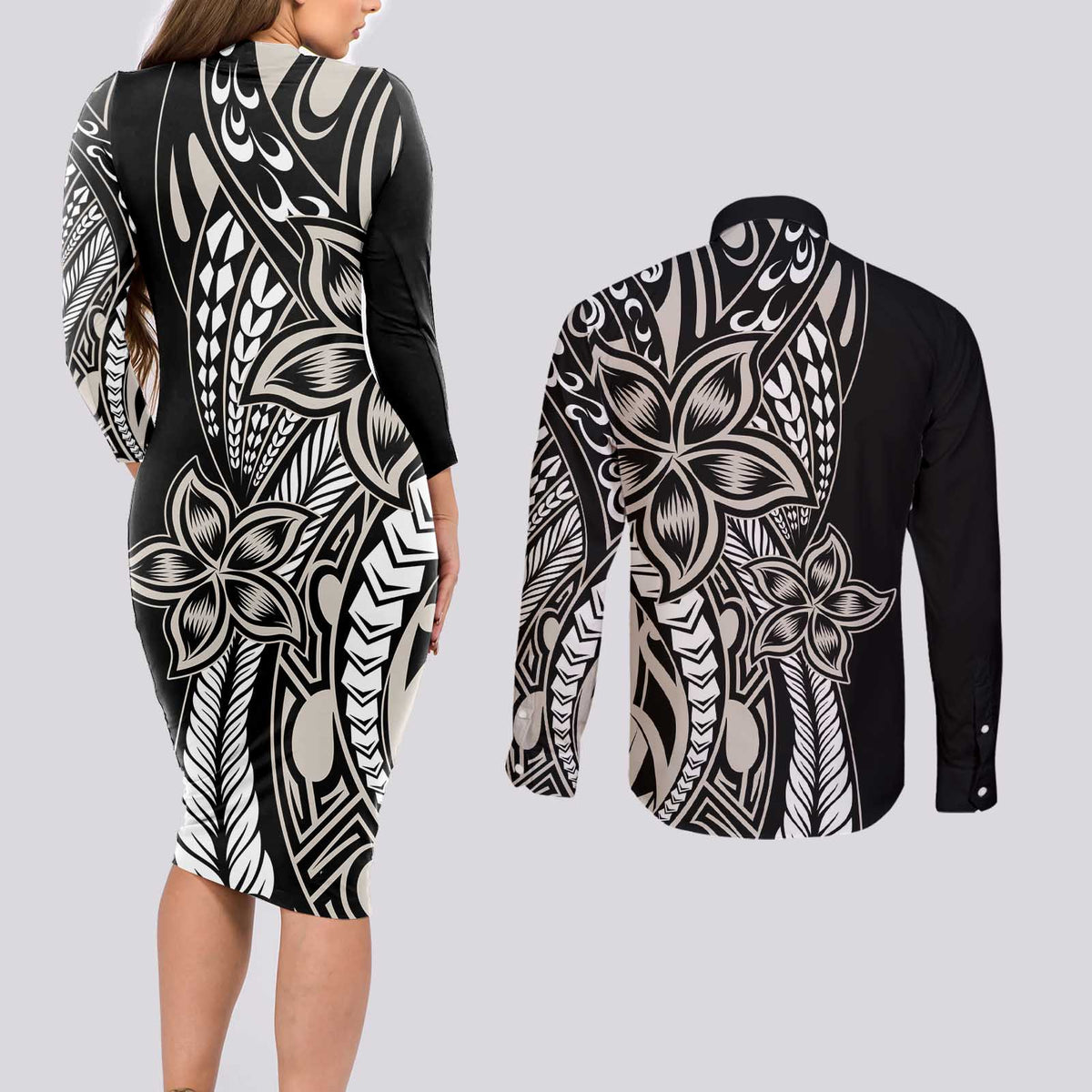 Polynesian Plumeria Floral Tattoo Pattern Couples Matching Long Sleeve Bodycon Dress and Long Sleeve Button Shirt Beige Style