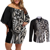 Polynesian Plumeria Floral Tattoo Pattern Couples Matching Off Shoulder Short Dress and Long Sleeve Button Shirt Beige Style