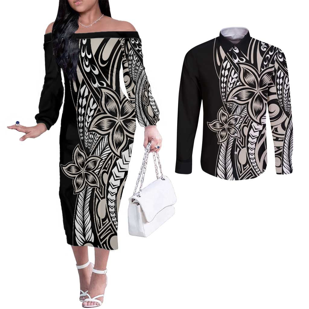 Polynesian Plumeria Floral Tattoo Pattern Couples Matching Off The Shoulder Long Sleeve Dress and Long Sleeve Button Shirt Beige Style