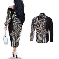 Polynesian Plumeria Floral Tattoo Pattern Couples Matching Off The Shoulder Long Sleeve Dress and Long Sleeve Button Shirt Beige Style