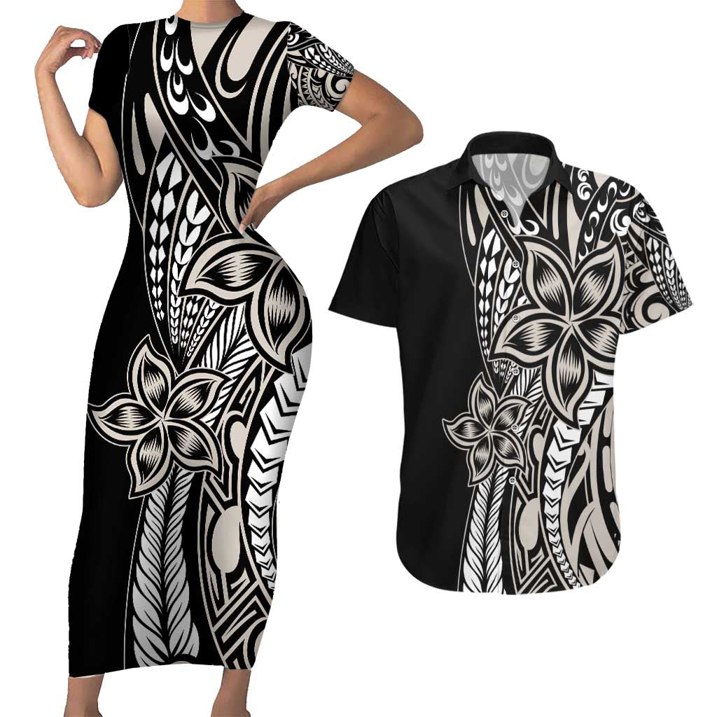 Polynesian Plumeria Floral Tattoo Pattern Couples Matching Short Sleeve Bodycon Dress and Hawaiian Shirt Beige Style