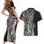 Polynesian Plumeria Floral Tattoo Pattern Couples Matching Short Sleeve Bodycon Dress and Hawaiian Shirt Beige Style