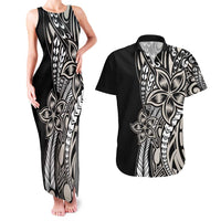 Polynesian Plumeria Floral Tattoo Pattern Couples Matching Tank Maxi Dress and Hawaiian Shirt Beige Style
