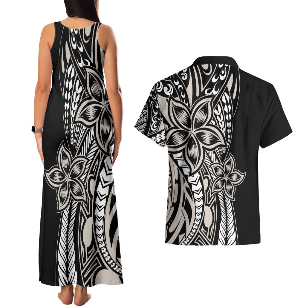 Polynesian Plumeria Floral Tattoo Pattern Couples Matching Tank Maxi Dress and Hawaiian Shirt Beige Style