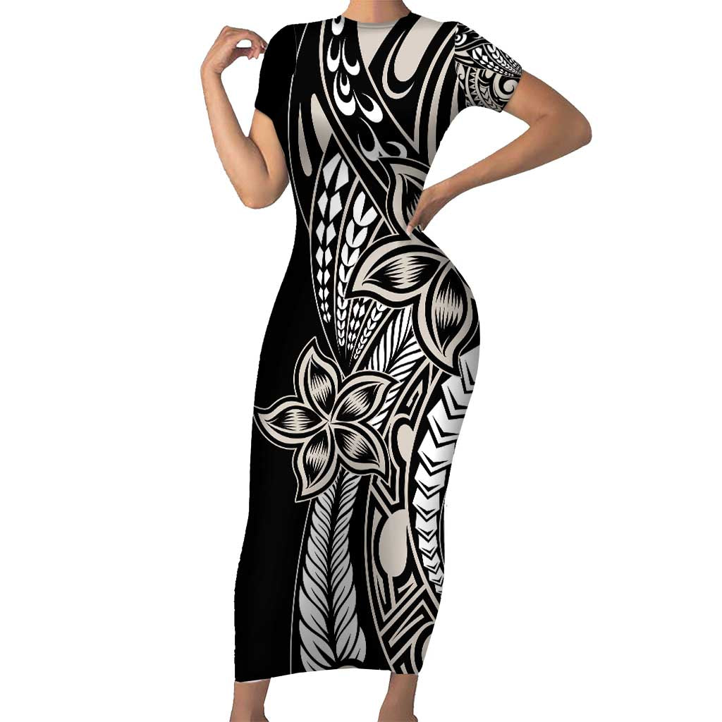 Polynesian Plumeria Floral Tattoo Pattern Family Matching Short Sleeve Bodycon Dress and Hawaiian Shirt Beige Style LT9 Mom's Dress Beige - Polynesian Pride