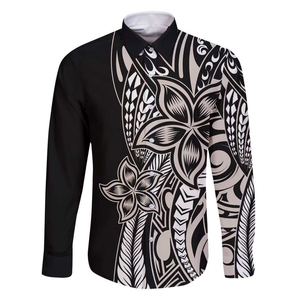Polynesian Plumeria Floral Tattoo Pattern Family Matching Summer Maxi Dress and Hawaiian Shirt Beige Style LT9 Dad's Shirt - Long Sleeve Beige - Polynesian Pride