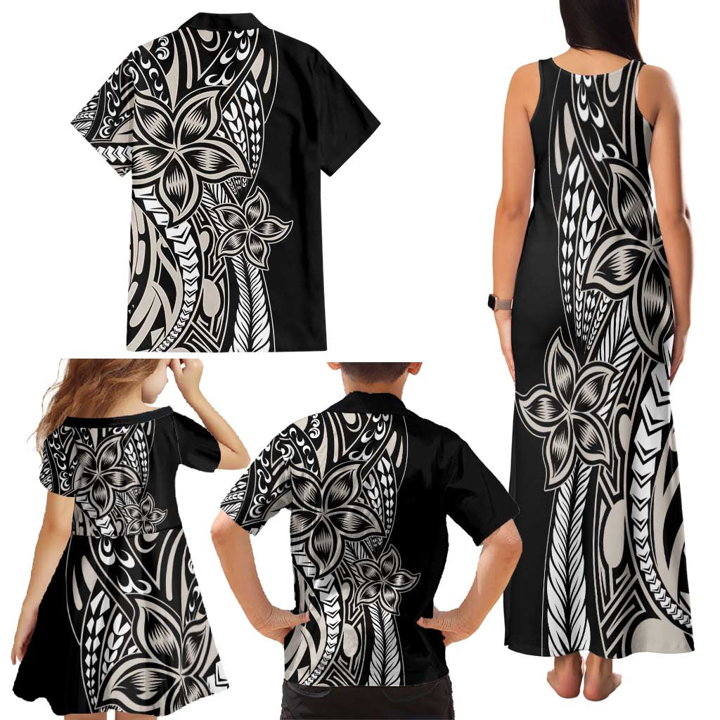 Polynesian Plumeria Floral Tattoo Pattern Family Matching Tank Maxi Dress and Hawaiian Shirt Beige Style