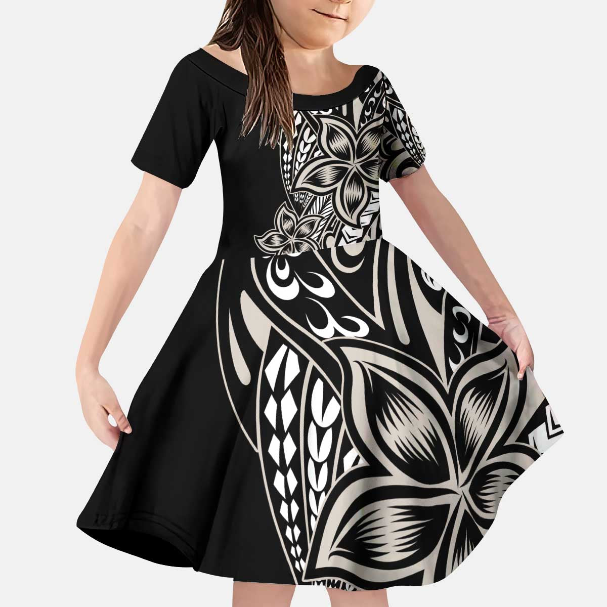 Polynesian Plumeria Floral Tattoo Pattern Kid Short Sleeve Dress Beige Style