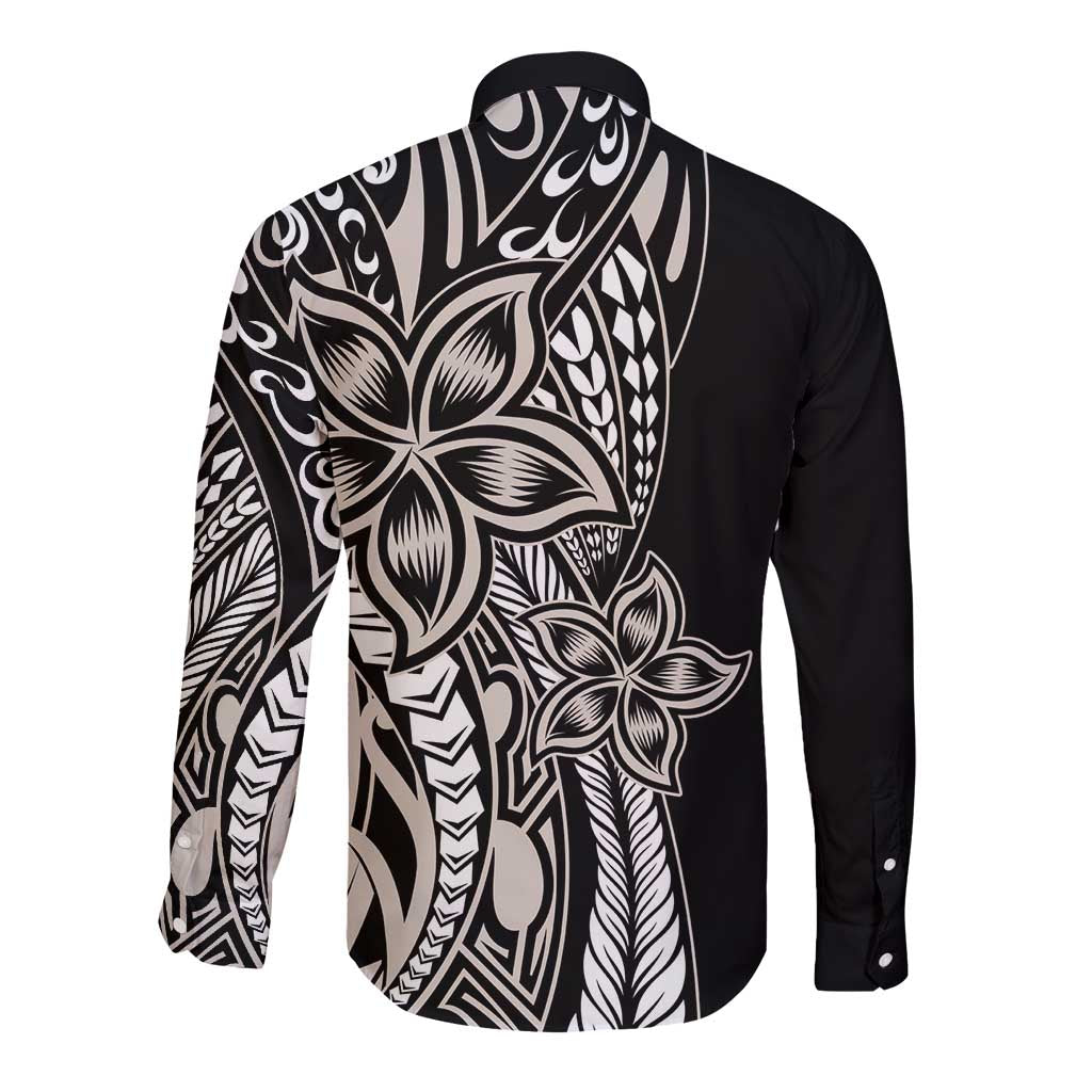 Polynesian Plumeria Floral Tattoo Pattern Long Sleeve Button Shirt Beige Style