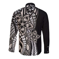 Polynesian Plumeria Floral Tattoo Pattern Long Sleeve Button Shirt Beige Style