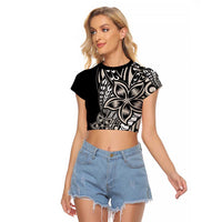 Polynesian Plumeria Floral Tattoo Pattern Raglan Cropped T Shirt Beige Style