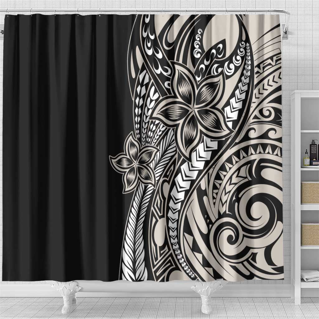Polynesian Plumeria Floral Tattoo Pattern Shower Curtain Beige Style