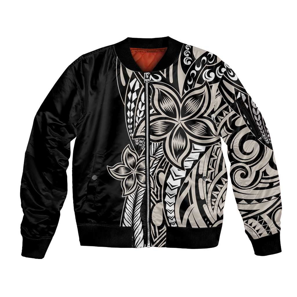 Polynesian Plumeria Floral Tattoo Pattern Sleeve Zip Bomber Jacket Beige Style