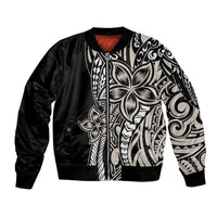 Polynesian Plumeria Floral Tattoo Pattern Sleeve Zip Bomber Jacket Beige Style