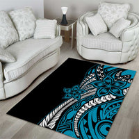 Polynesian Plumeria Floral Tattoo Pattern Area Rug Blue Style