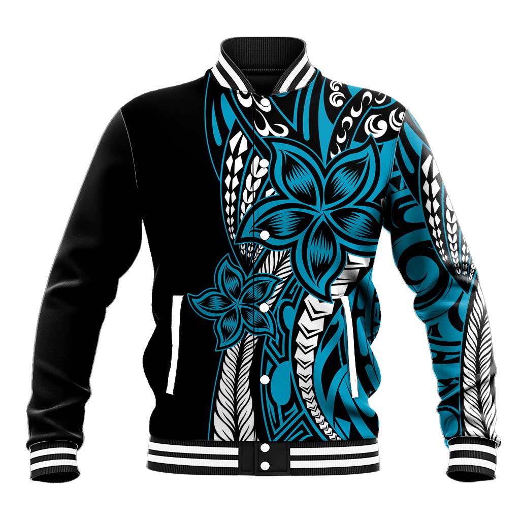 Polynesian Plumeria Floral Tattoo Pattern Baseball Jacket Bllue Style