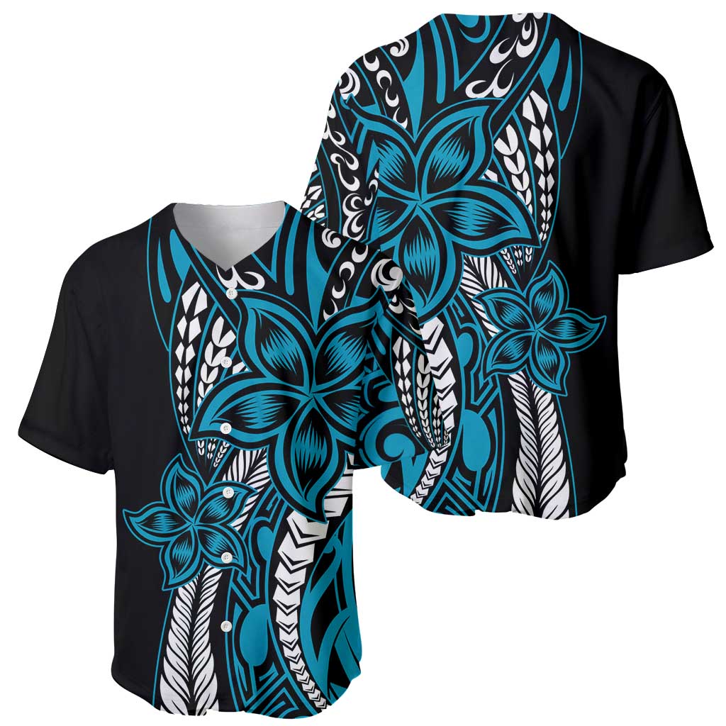 Polynesian Plumeria Floral Tattoo Pattern Baseball Jersey Bllue Style