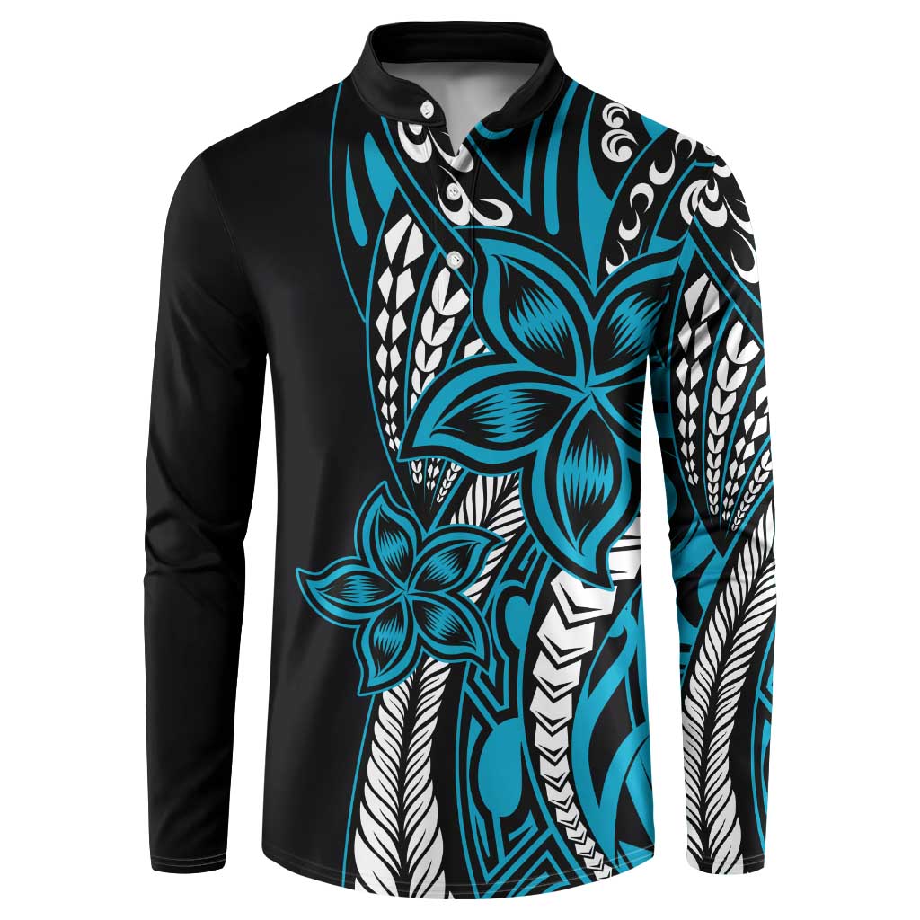 Polynesian Plumeria Floral Tattoo Pattern Button Sweatshirt Bllue Style