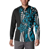 Polynesian Plumeria Floral Tattoo Pattern Button Sweatshirt Bllue Style