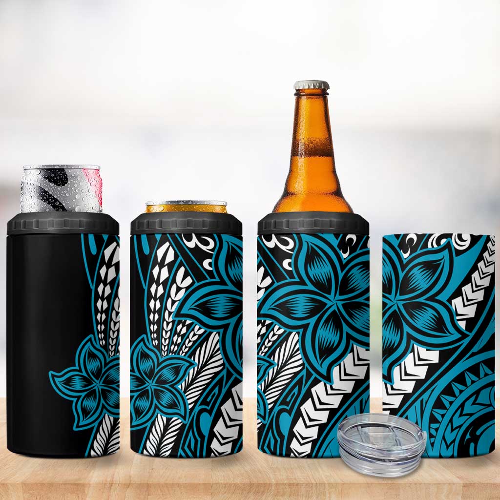 Polynesian Plumeria Floral Tattoo Pattern 4 in 1 Can Cooler Tumbler Bllue Style