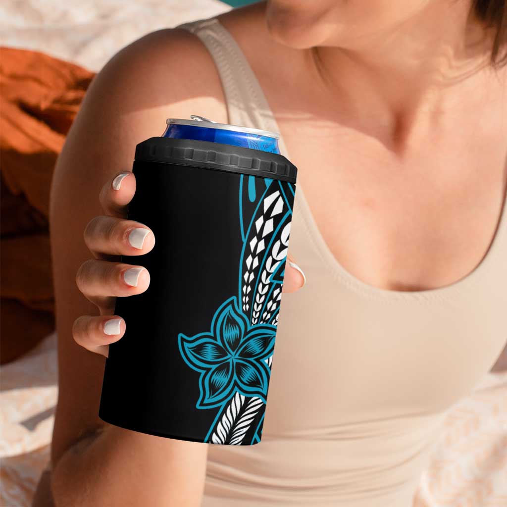Polynesian Plumeria Floral Tattoo Pattern 4 in 1 Can Cooler Tumbler Bllue Style
