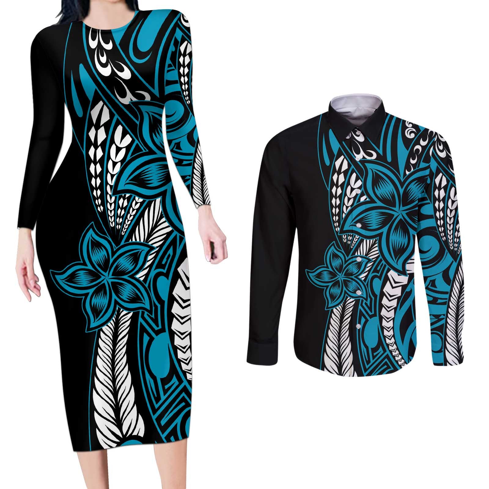 Polynesian Plumeria Floral Tattoo Pattern Couples Matching Long Sleeve Bodycon Dress and Long Sleeve Button Shirt Bllue Style