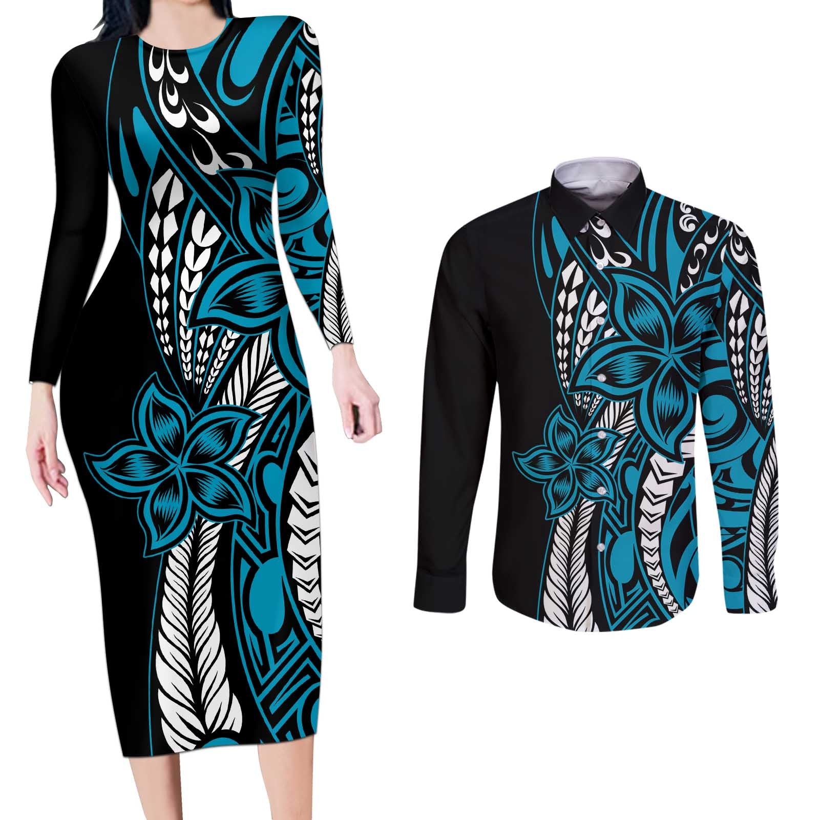 Polynesian Plumeria Floral Tattoo Pattern Couples Matching Long Sleeve Bodycon Dress and Long Sleeve Button Shirt Bllue Style