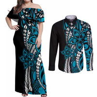 Polynesian Plumeria Floral Tattoo Pattern Couples Matching Off Shoulder Maxi Dress and Long Sleeve Button Shirt Bllue Style