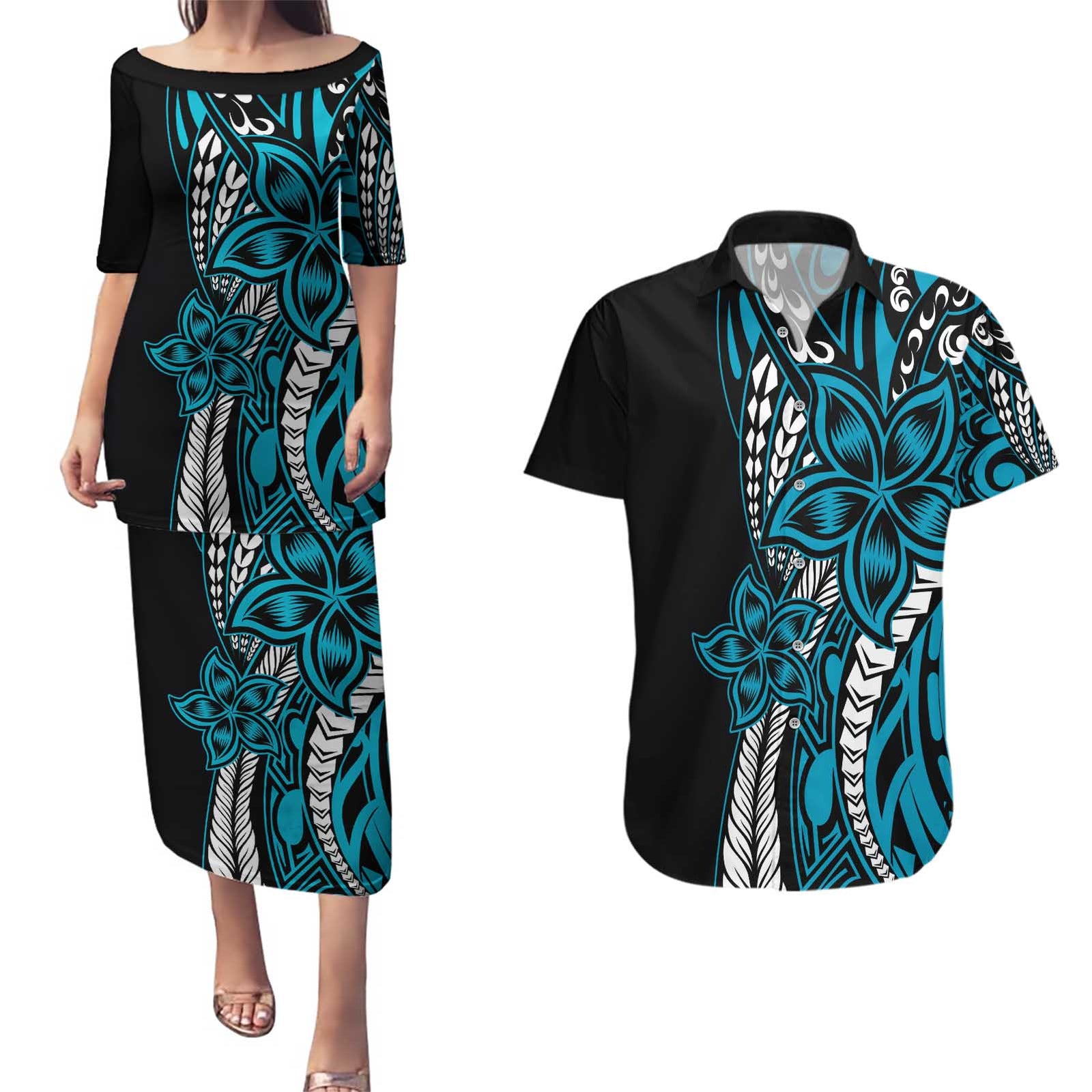 Polynesian Plumeria Floral Tattoo Pattern Couples Matching Puletasi and Hawaiian Shirt Bllue Style