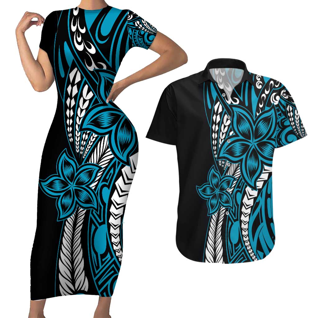 Polynesian Plumeria Floral Tattoo Pattern Couples Matching Short Sleeve Bodycon Dress and Hawaiian Shirt Bllue Style