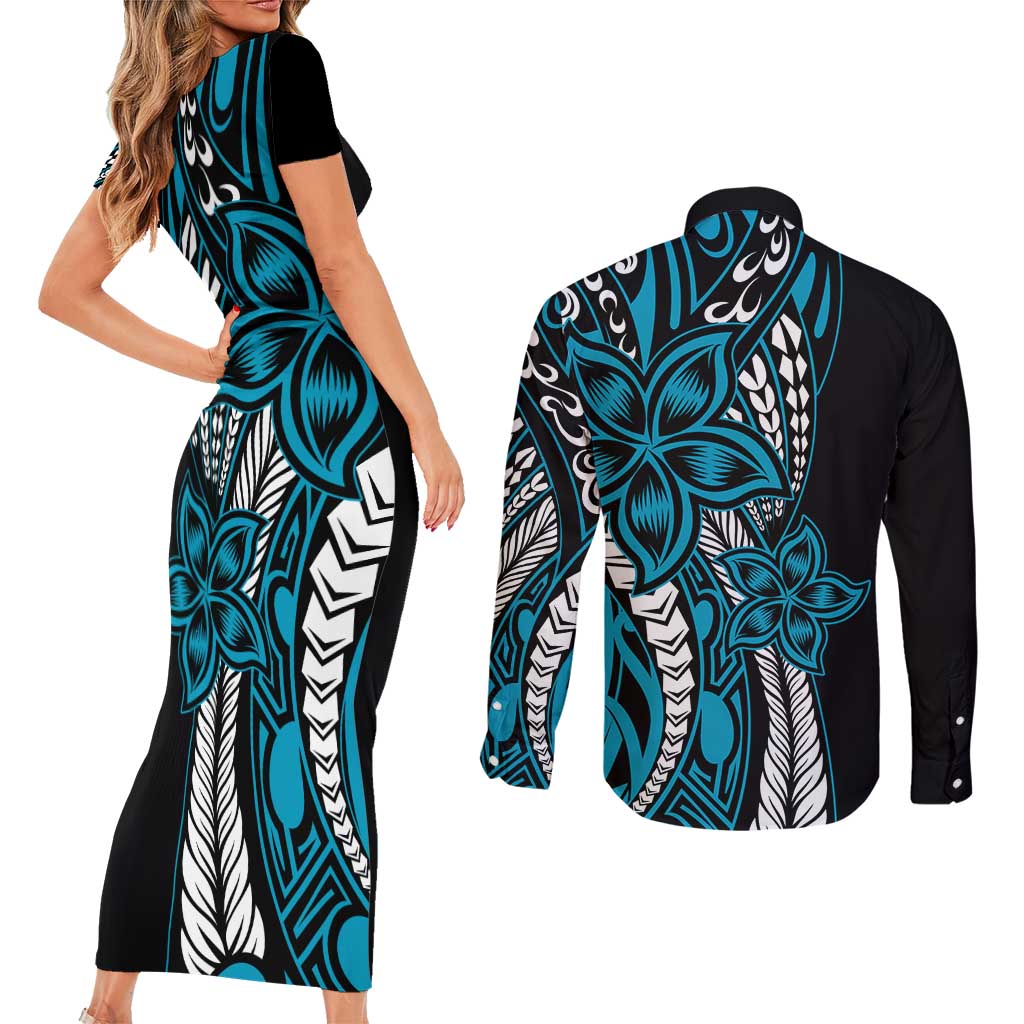 Polynesian Plumeria Floral Tattoo Pattern Couples Matching Short Sleeve Bodycon Dress and Long Sleeve Button Shirt Bllue Style