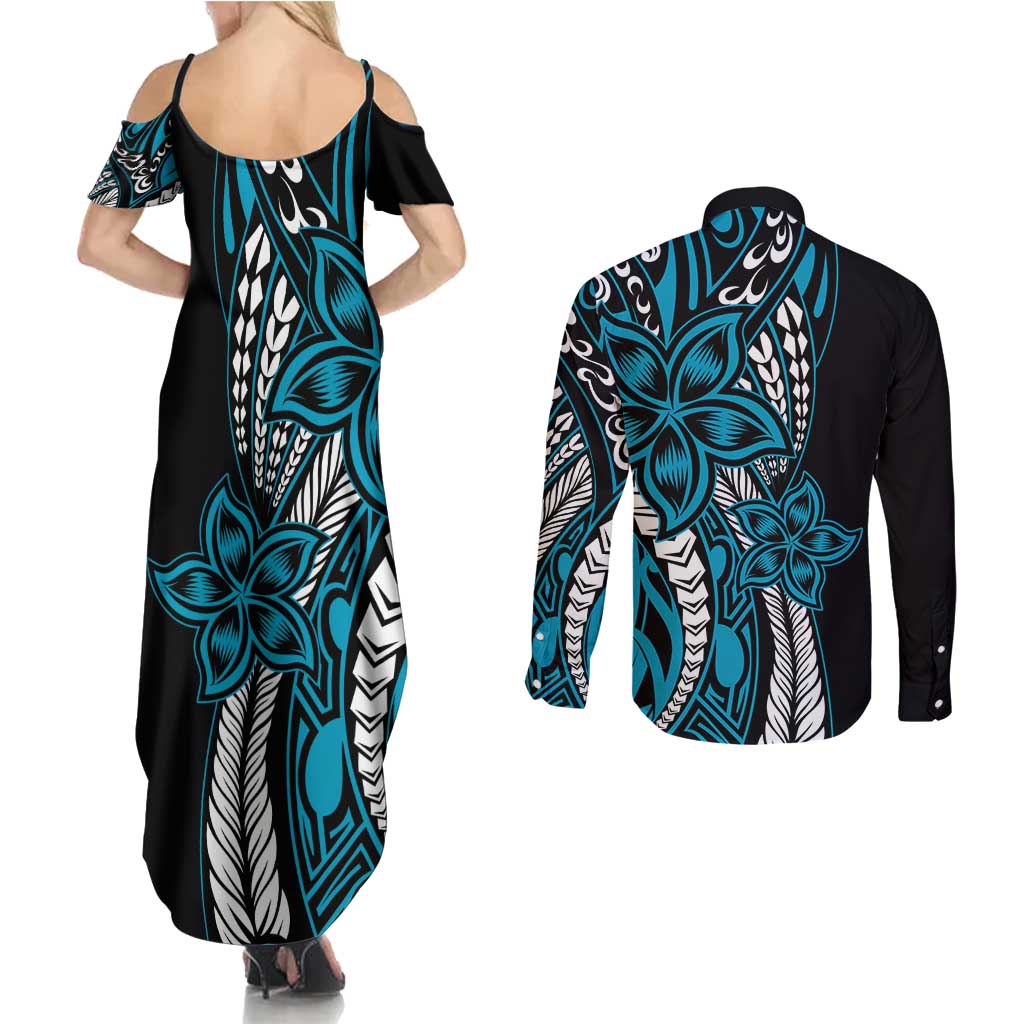 Polynesian Plumeria Floral Tattoo Pattern Couples Matching Summer Maxi Dress and Long Sleeve Button Shirt Bllue Style