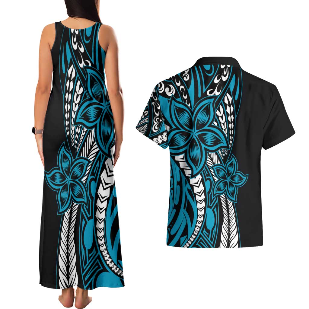 Polynesian Plumeria Floral Tattoo Pattern Couples Matching Tank Maxi Dress and Hawaiian Shirt Bllue Style