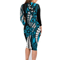 Polynesian Plumeria Floral Tattoo Pattern Family Matching Long Sleeve Bodycon Dress and Hawaiian Shirt Blue Style LT9 - Polynesian Pride