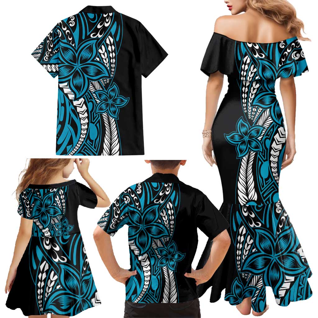 Polynesian Plumeria Floral Tattoo Pattern Family Matching Mermaid Dress and Hawaiian Shirt Blue Style LT9 - Polynesian Pride