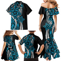 Polynesian Plumeria Floral Tattoo Pattern Family Matching Mermaid Dress and Hawaiian Shirt Blue Style LT9 - Polynesian Pride